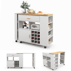 Carrito de Cocina de Servicio Móvil 2 en 1 Carro de Almacenamiento con Tapa de Madera Estante Portabotellas Cajón 120 x 40 x 100 cm Blanco