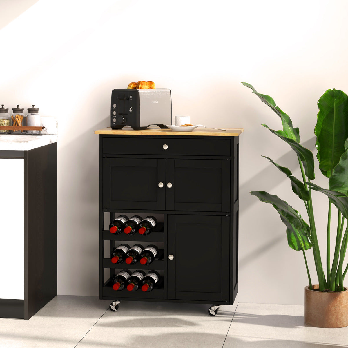 Carrito de Cocina Madera con Rueda Cajón 67x37x87cm Estantería de Cocina Vino Armario Negro