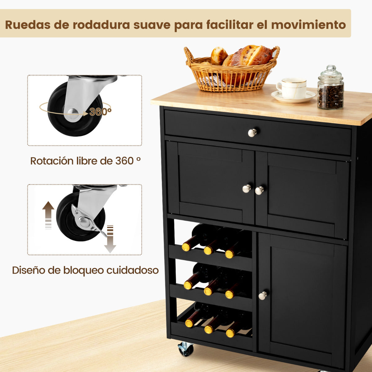 Carrito de Cocina Madera con Rueda Cajón 67x37x87cm Estantería de Cocina Vino Armario Negro