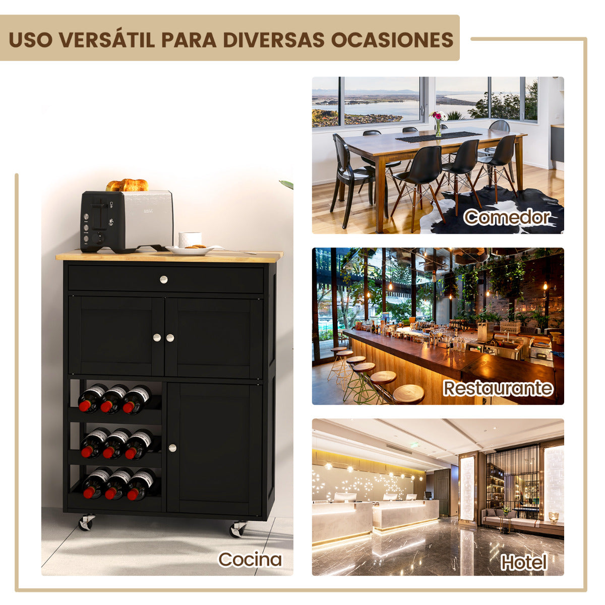 Carrito de Cocina Madera con Rueda Cajón 67x37x87cm Estantería de Cocina Vino Armario Negro