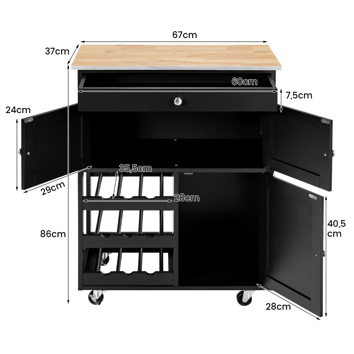 Carrito de Cocina Madera con Rueda Cajón 67x37x87cm Estantería de Cocina Vino Armario Negro