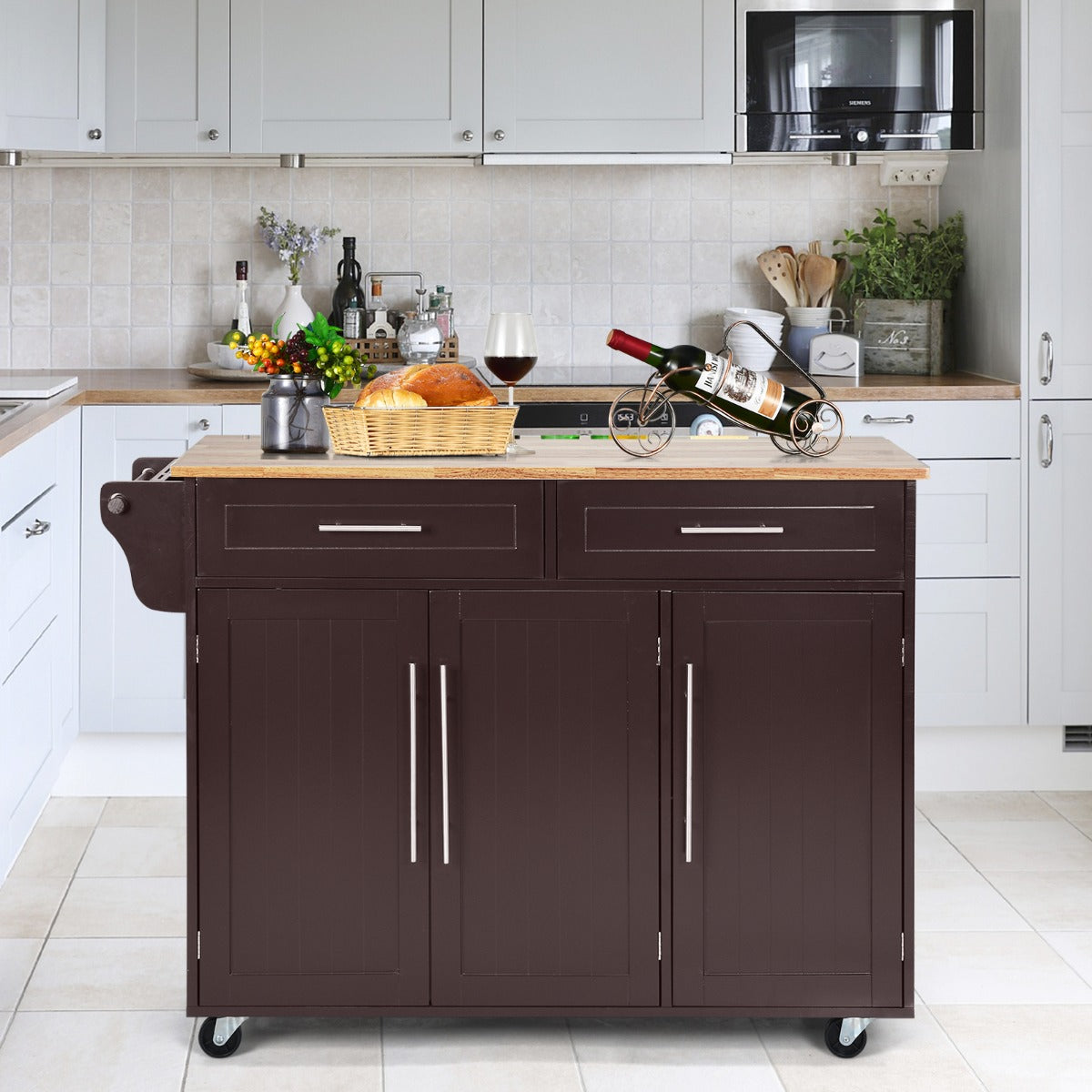 Carrito de Cocina con Ruedas 2 Cajones 2 Gabinetes Isla de Cocina Rodante Porta Toallas Cuchillos Estante Ajustable para Comedor Marrón