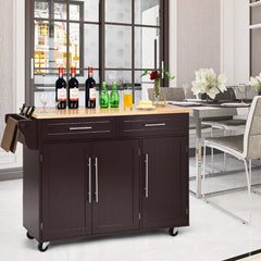 Carrito de Cocina con Ruedas 2 Cajones 2 Gabinetes Isla de Cocina Rodante Porta Toallas Cuchillos Estante Ajustable para Comedor Marrón