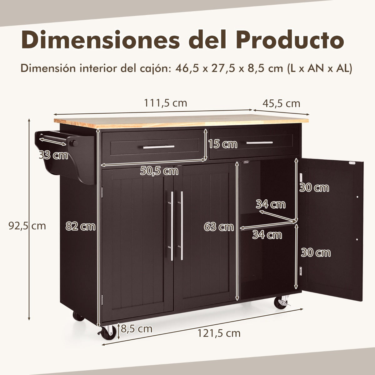 Carrito de Cocina con Ruedas 2 Cajones 2 Gabinetes Isla de Cocina Rodante Porta Toallas Cuchillos Estante Ajustable para Comedor Marrón