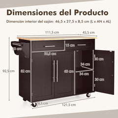 Carrito de Cocina con Ruedas 2 Cajones 2 Gabinetes Isla de Cocina Rodante Porta Toallas Cuchillos Estante Ajustable para Comedor Marrón