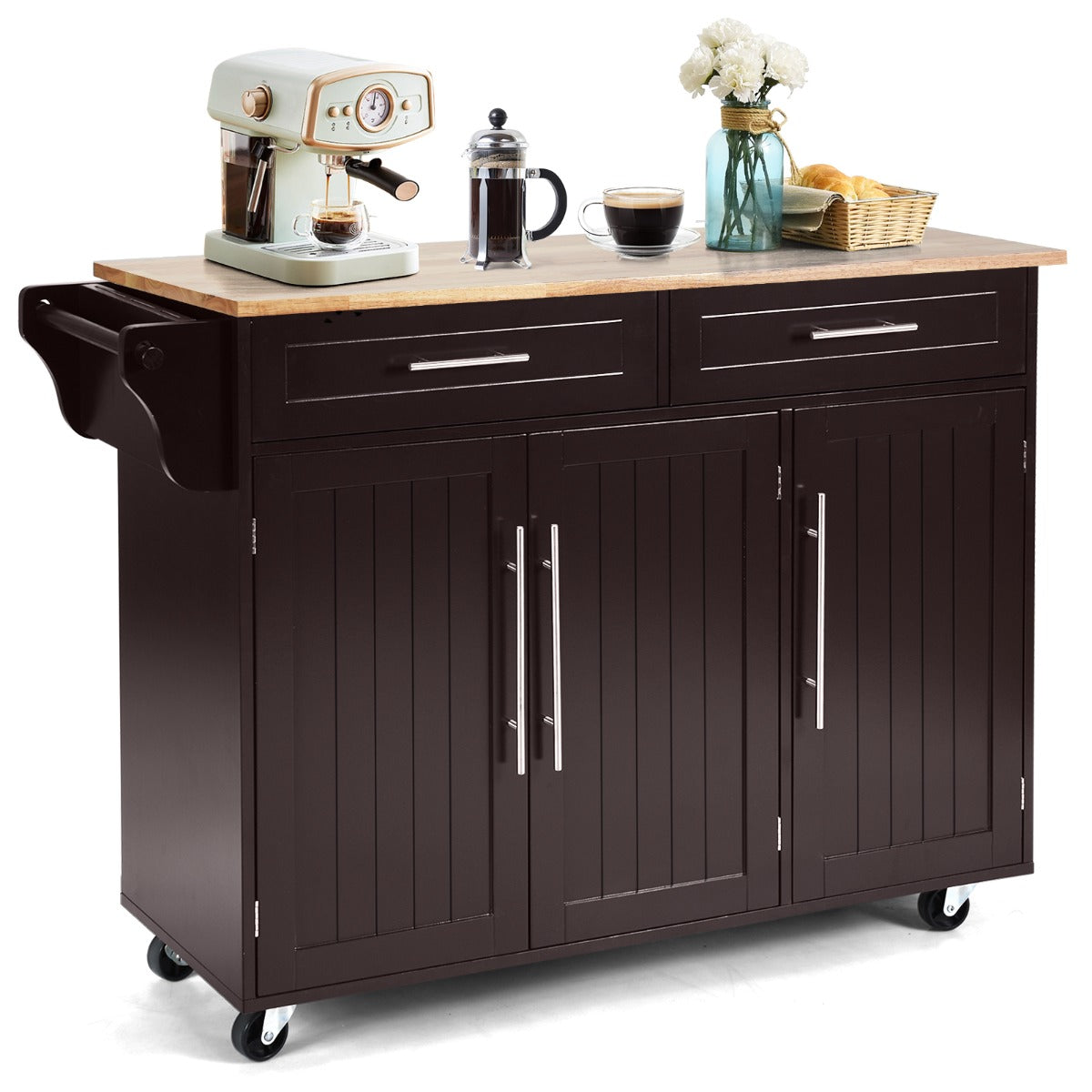 Carrito de Cocina con Ruedas 2 Cajones 2 Gabinetes Isla de Cocina Rodante Porta Toallas Cuchillos Estante Ajustable para Comedor Marrón