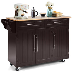 Carrito de Cocina con Ruedas 2 Cajones 2 Gabinetes Isla de Cocina Rodante Porta Toallas Cuchillos Estante Ajustable para Comedor Marrón