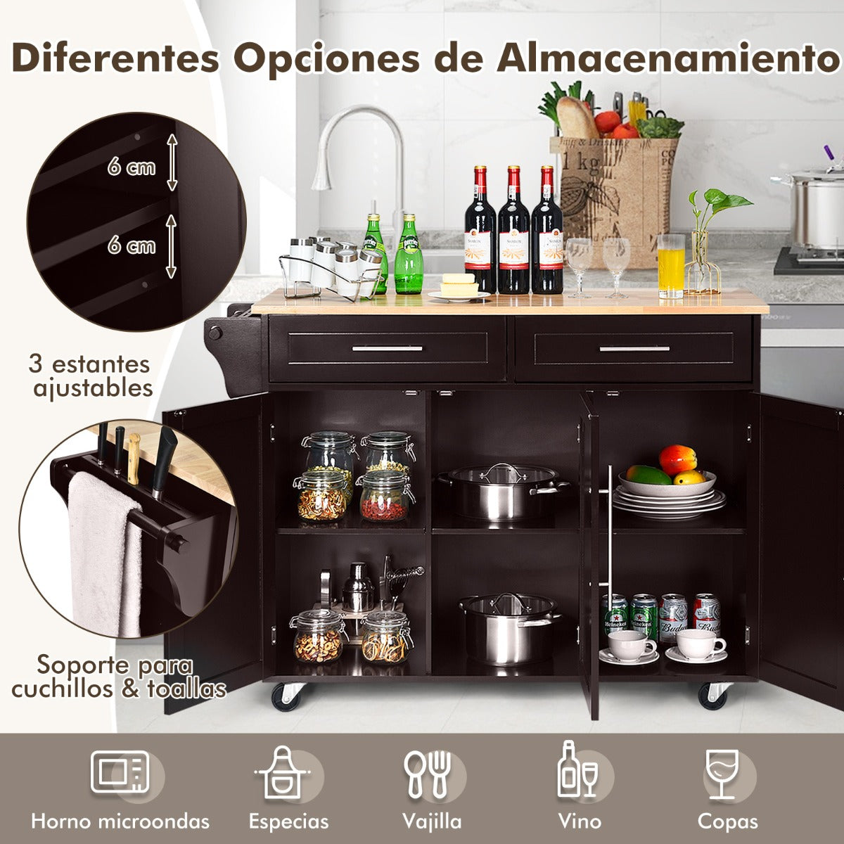 Carrito de Cocina con Ruedas 2 Cajones 2 Gabinetes Isla de Cocina Rodante Porta Toallas Cuchillos Estante Ajustable para Comedor Marrón