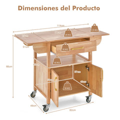 Carrito de Cocina con Ruedas Cajón Estante Abierto 2 Puertas Aparador Multiusos Carro de Isla para Comedor 114 x 68,5 x 87,5 cm Natural