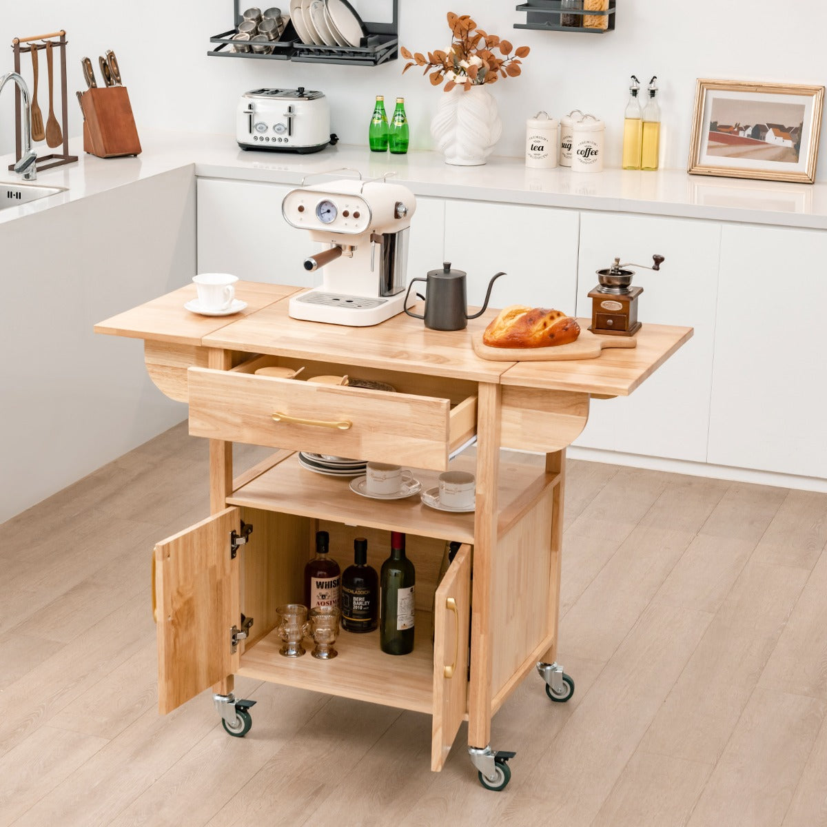 Carrito de Cocina con Ruedas Cajón Estante Abierto 2 Puertas Aparador Multiusos Carro de Isla para Comedor 114 x 68,5 x 87,5 cm Natural