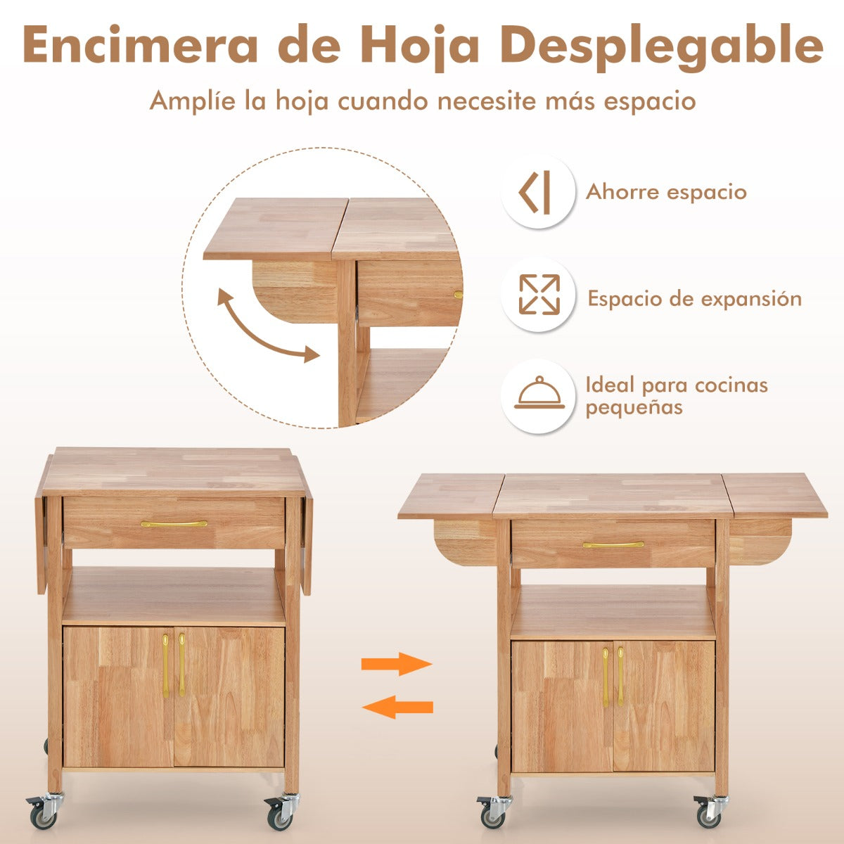 Carrito de Cocina con Ruedas Cajón Estante Abierto 2 Puertas Aparador Multiusos Carro de Isla para Comedor 114 x 68,5 x 87,5 cm Natural