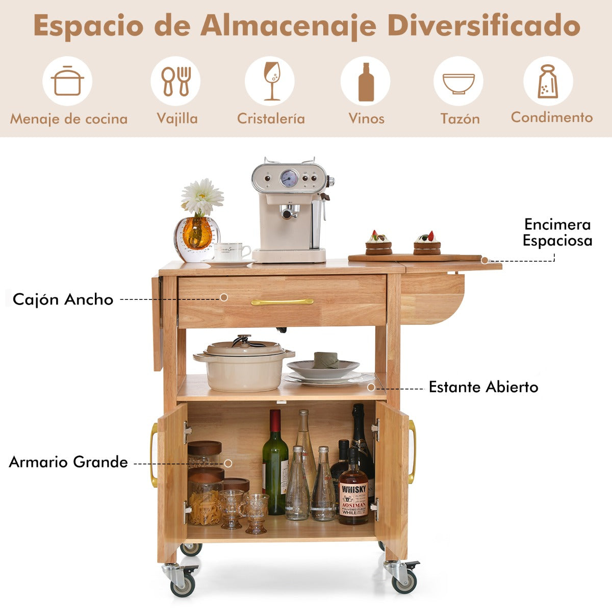 Carrito de Cocina con Ruedas Cajón Estante Abierto 2 Puertas Aparador Multiusos Carro de Isla para Comedor 114 x 68,5 x 87,5 cm Natural