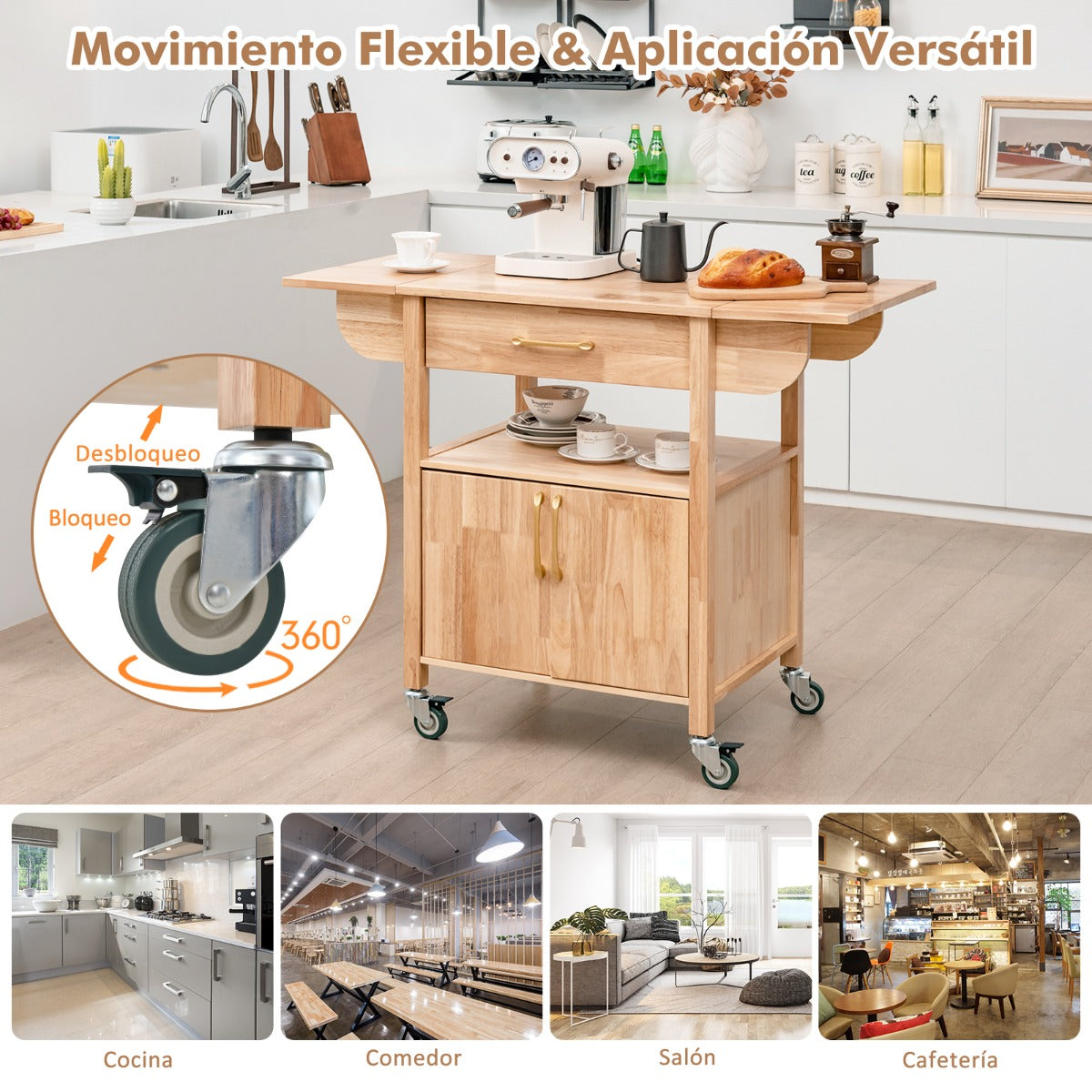 Carrito de Cocina con Ruedas Cajón Estante Abierto 2 Puertas Aparador Multiusos Carro de Isla para Comedor 114 x 68,5 x 87,5 cm Natural