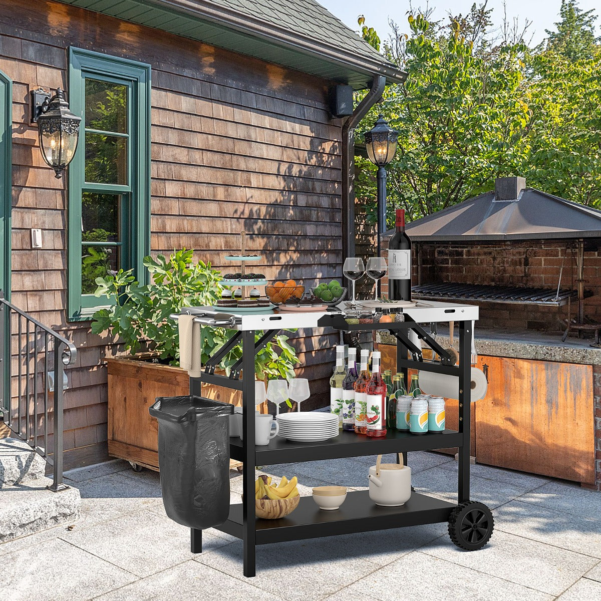 Carrito de Comedor Exterior con Estante Ajustable Soporte para Preparación de Comida 106 x 52 x 84cm Negro y Plata