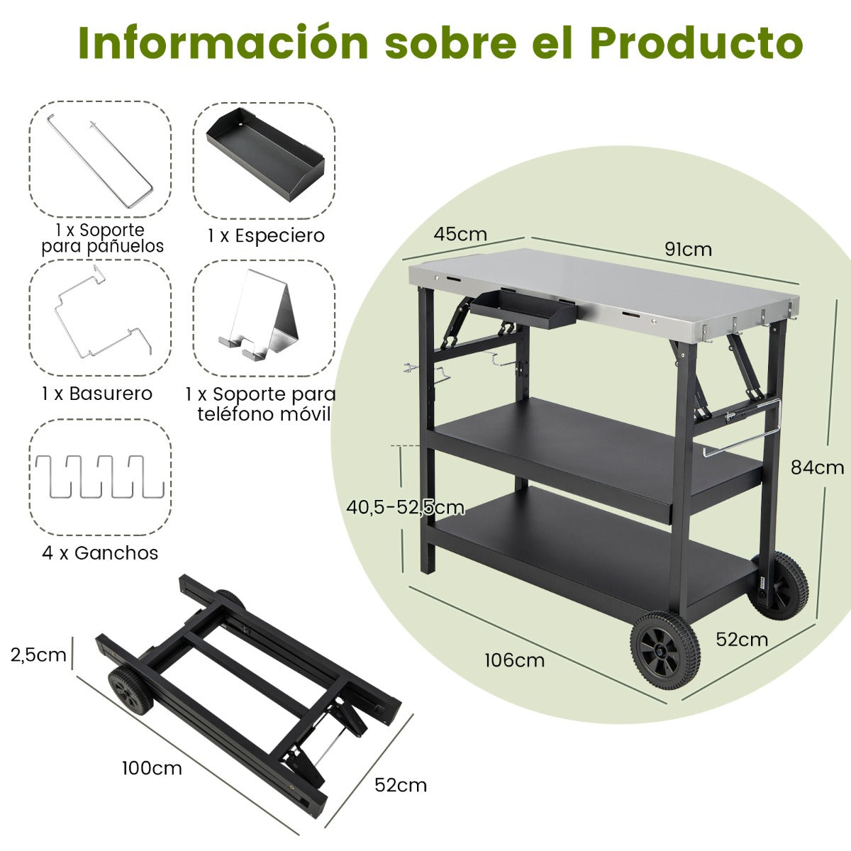 Carrito de Comedor Exterior con Estante Ajustable Soporte para Preparación de Comida 106 x 52 x 84cm Negro y Plata