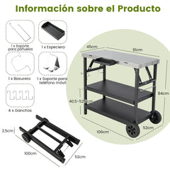 Carrito de Comedor Exterior con Estante Ajustable Soporte para Preparación de Comida 106 x 52 x 84cm Negro y Plata