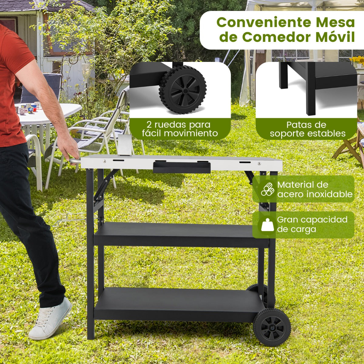 Carrito de Comedor Exterior con Estante Ajustable Soporte para Preparación de Comida 106 x 52 x 84cm Negro y Plata