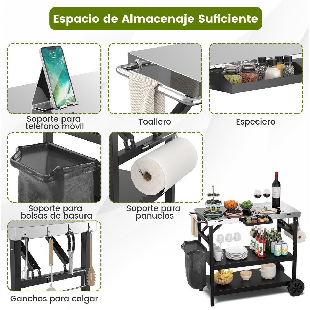 Carrito de Comedor Exterior con Estante Ajustable Soporte para Preparación de Comida 106 x 52 x 84cm Negro y Plata