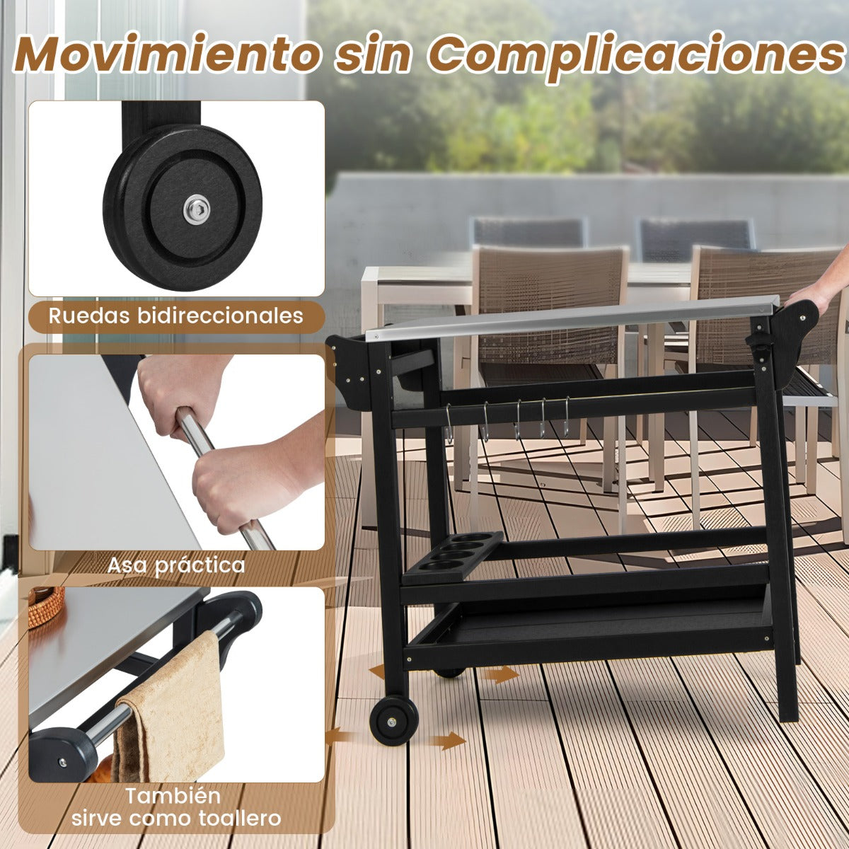 Carrito de Comedor con Soporte para Horno de Pizza de HDPE Ruedas Mesa de Acero Inoxidable para Botellas de Vino 105 x 54 x 85 cm Negro