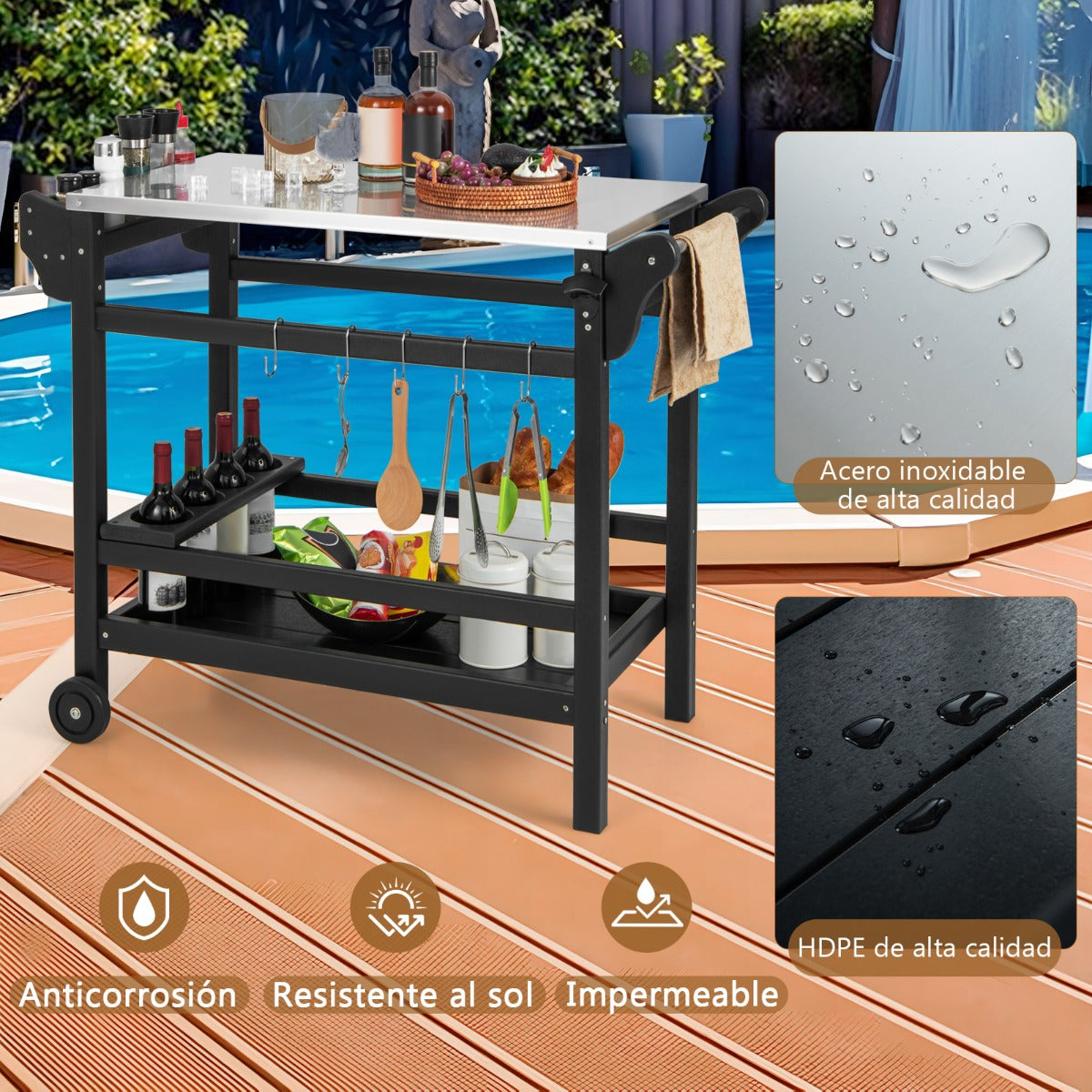 Carrito de Comedor con Soporte para Horno de Pizza de HDPE Ruedas Mesa de Acero Inoxidable para Botellas de Vino 105 x 54 x 85 cm Negro