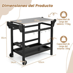 Carrito de Comedor con Soporte para Horno de Pizza de HDPE Ruedas Mesa de Acero Inoxidable para Botellas de Vino 105 x 54 x 85 cm Negro