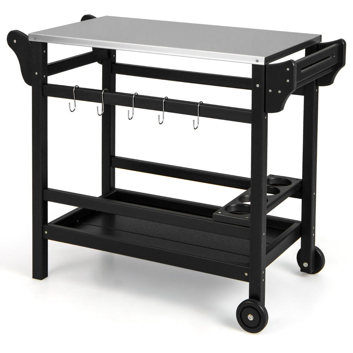 Carrito de Comedor con Soporte para Horno de Pizza de HDPE Ruedas Mesa de Acero Inoxidable para Botellas de Vino 105 x 54 x 85 cm Negro