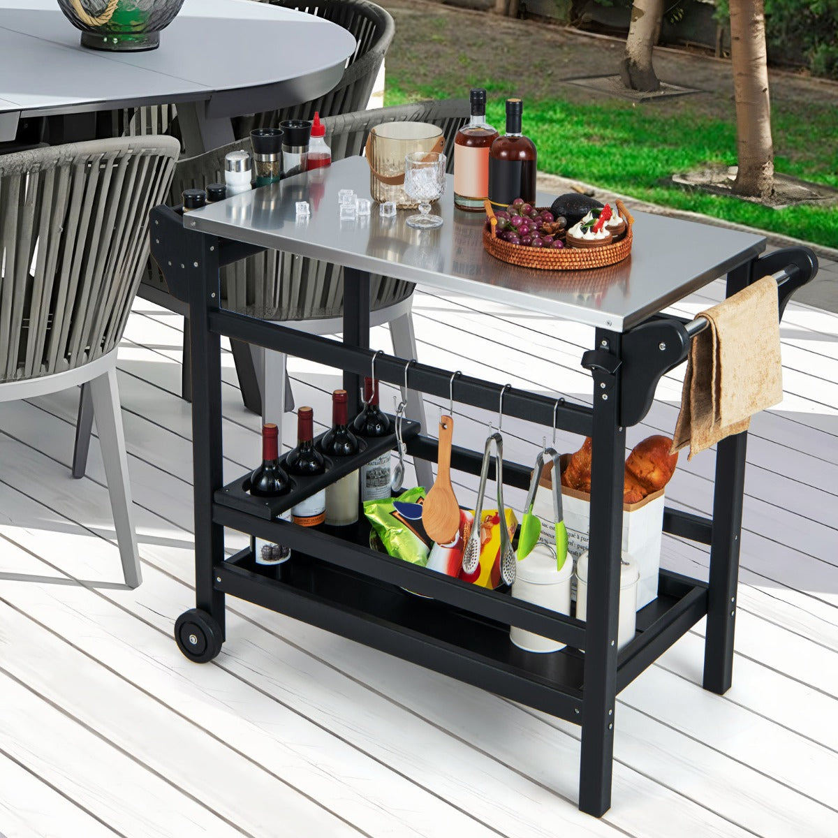 Carrito de Comedor con Soporte para Horno de Pizza de HDPE Ruedas Mesa de Acero Inoxidable para Botellas de Vino 105 x 54 x 85 cm Negro