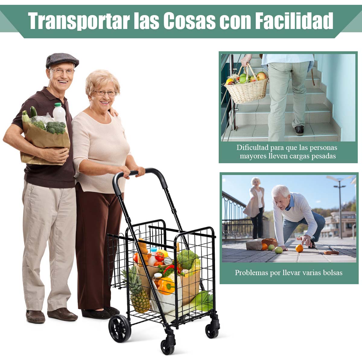 Carro de Compras Plegable Portátil de Doble Cesta Mediano y Ligero de Gran Capacidad Carro Rodante de 4 Ruedas 43 x 52 x 95 cm Negro