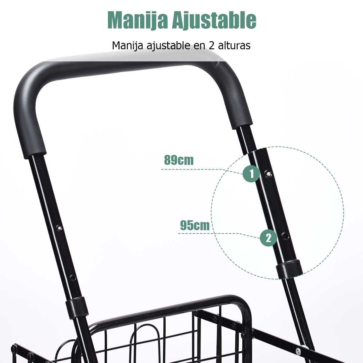 Carro de Compras Plegable Portátil de Doble Cesta Mediano y Ligero de Gran Capacidad Carro Rodante de 4 Ruedas 43 x 52 x 95 cm Negro
