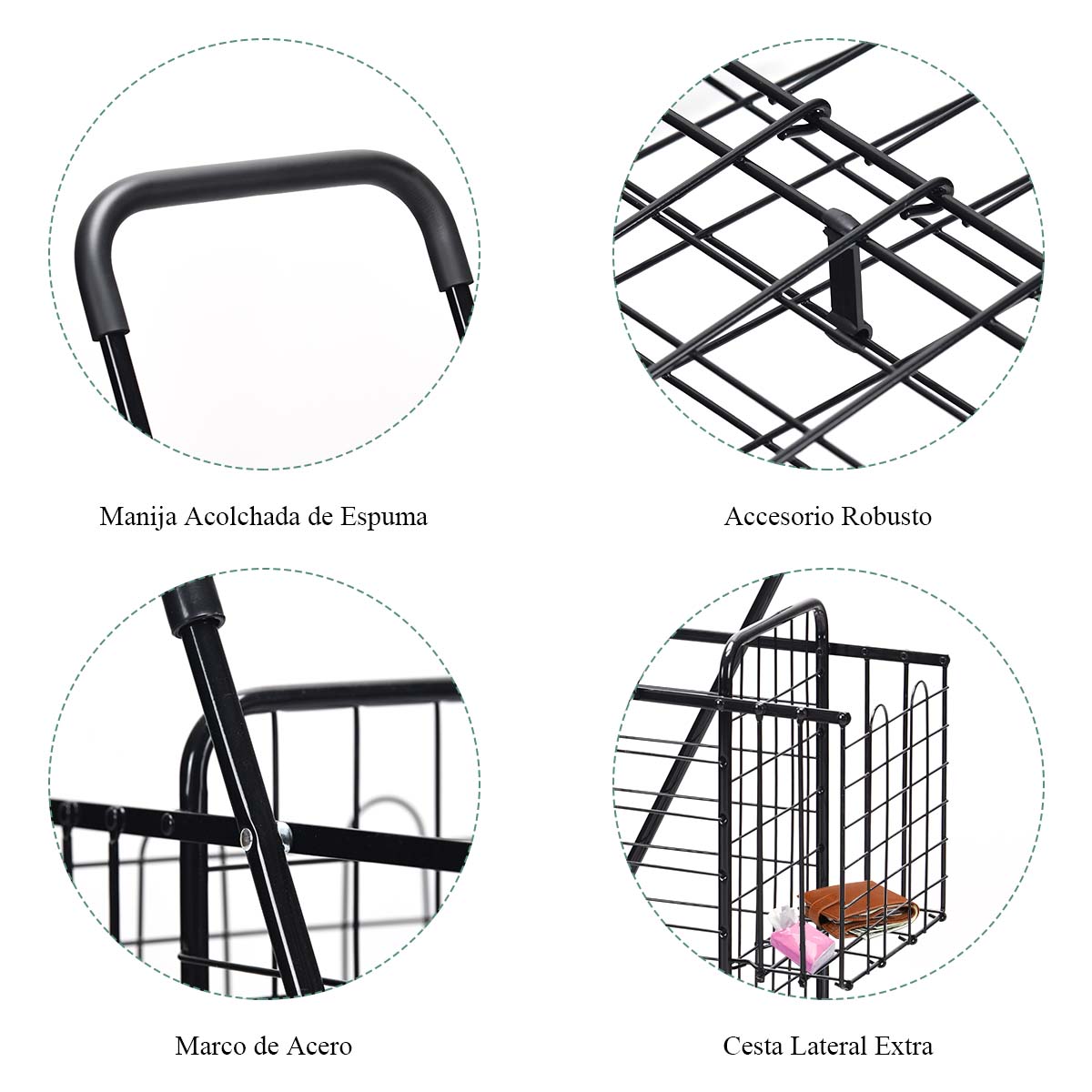 Carro de Compras Plegable Portátil de Doble Cesta Mediano y Ligero de Gran Capacidad Carro Rodante de 4 Ruedas 43 x 52 x 95 cm Negro