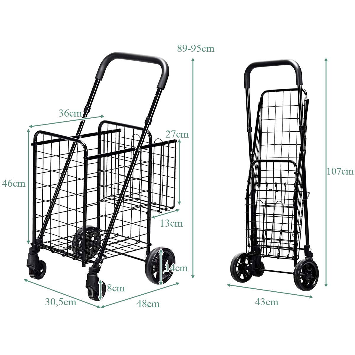 Carro de Compras Plegable Portátil de Doble Cesta Mediano y Ligero de Gran Capacidad Carro Rodante de 4 Ruedas 43 x 52 x 95 cm Negro