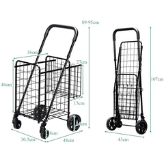 Carro de Compras Plegable Portátil de Doble Cesta Mediano y Ligero de Gran Capacidad Carro Rodante de 4 Ruedas 43 x 52 x 95 cm Negro