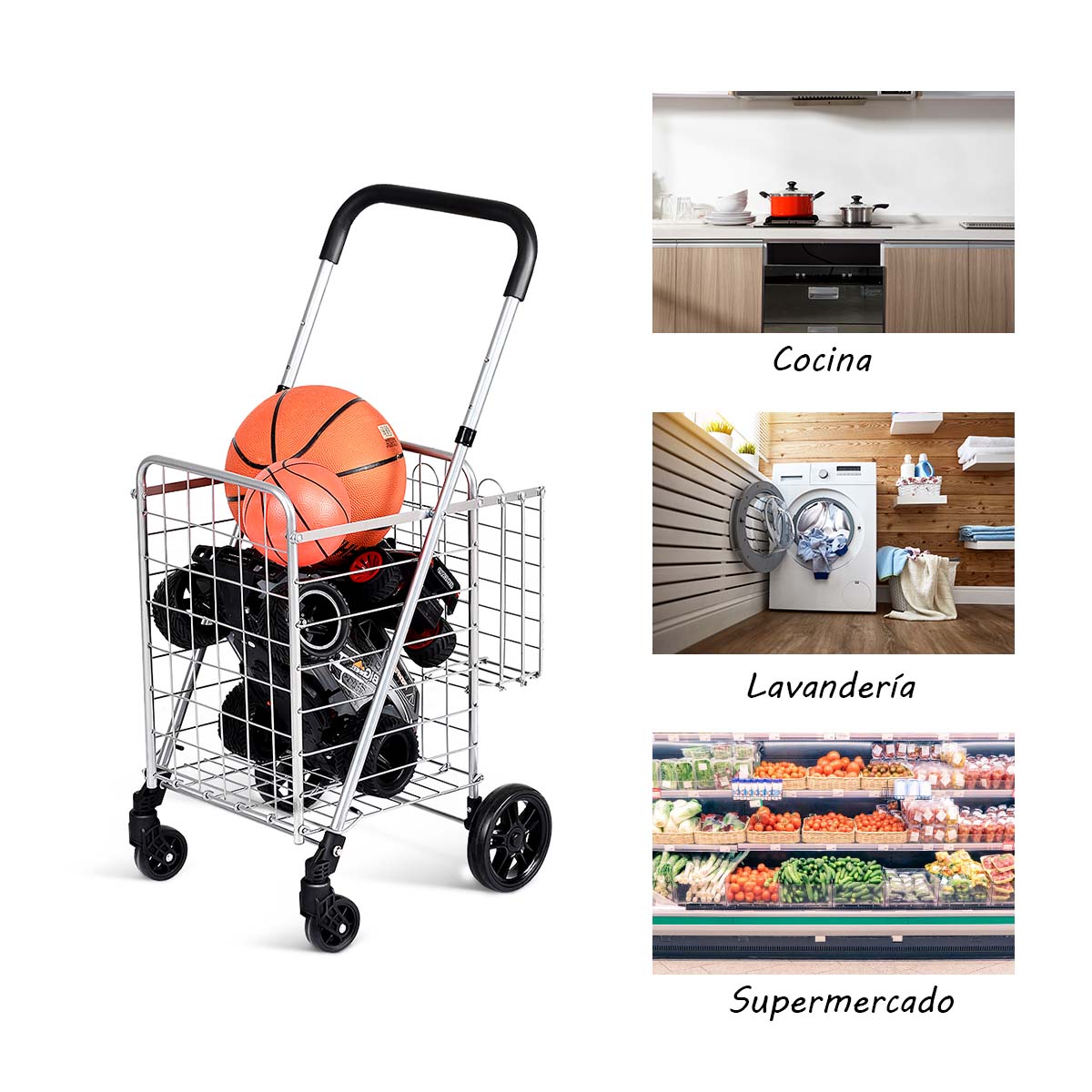 Carro de Compras Plegable Portátil de Doble Cesta Mediano y Ligero de Gran Capacidad Carro Rodante de 4 Ruedas 43 x 52 x 95 cm Plata