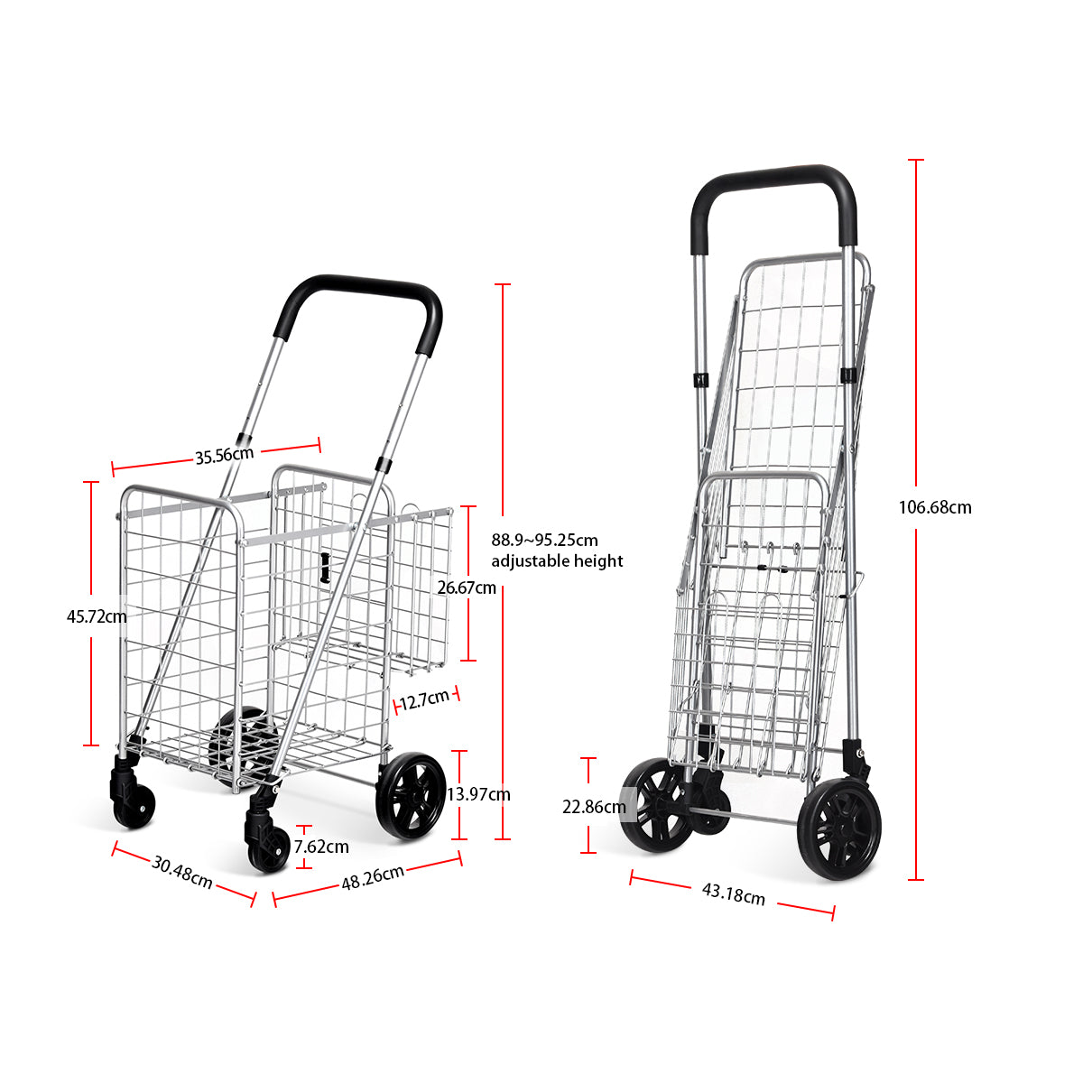 Carro de Compras Plegable Portátil de Doble Cesta Mediano y Ligero de Gran Capacidad Carro Rodante de 4 Ruedas 43 x 52 x 95 cm Plata