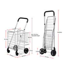 Carro de Compras Plegable Portátil de Doble Cesta Mediano y Ligero de Gran Capacidad Carro Rodante de 4 Ruedas 43 x 52 x 95 cm Plata