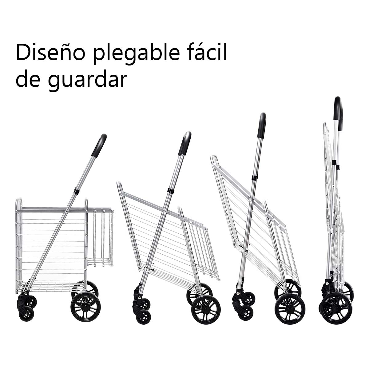 Carro de Compras Plegable Portátil de Doble Cesta Mediano y Ligero de Gran Capacidad Carro Rodante de 4 Ruedas 43 x 52 x 95 cm Plata