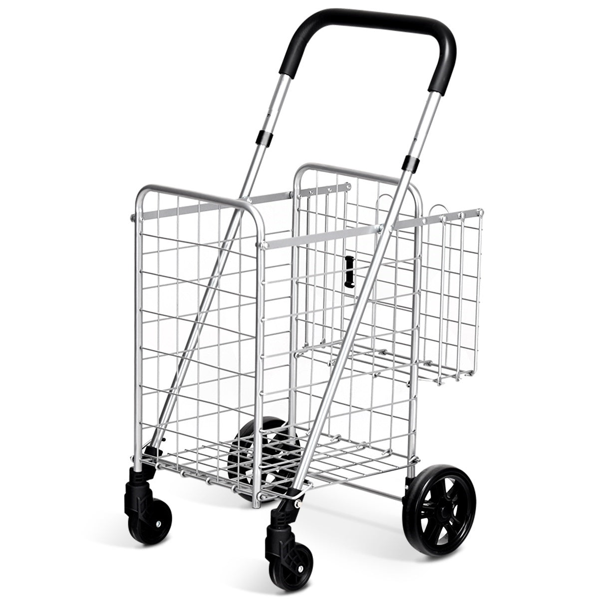 Carro de Compras Plegable Portátil de Doble Cesta Mediano y Ligero de Gran Capacidad Carro Rodante de 4 Ruedas 43 x 52 x 95 cm Plata