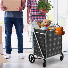 Carrito de Compras Plegable de Metal con Forro Impermeable Carro de Malla para Supermercado y Lavandería Soporta hasta 150 kg Plata