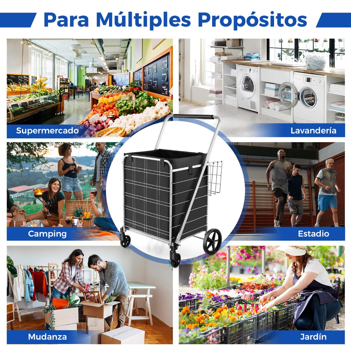 Carrito de Compras Plegable de Metal con Forro Impermeable Carro de Malla para Supermercado y Lavandería Soporta hasta 150 kg Plata