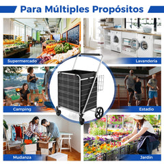 Carrito de Compras Plegable de Metal con Forro Impermeable Carro de Malla para Supermercado y Lavandería Soporta hasta 150 kg Plata