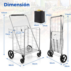 Carrito de Compras Plegable de Metal con Forro Impermeable Carro de Malla para Supermercado y Lavandería Soporta hasta 150 kg Plata