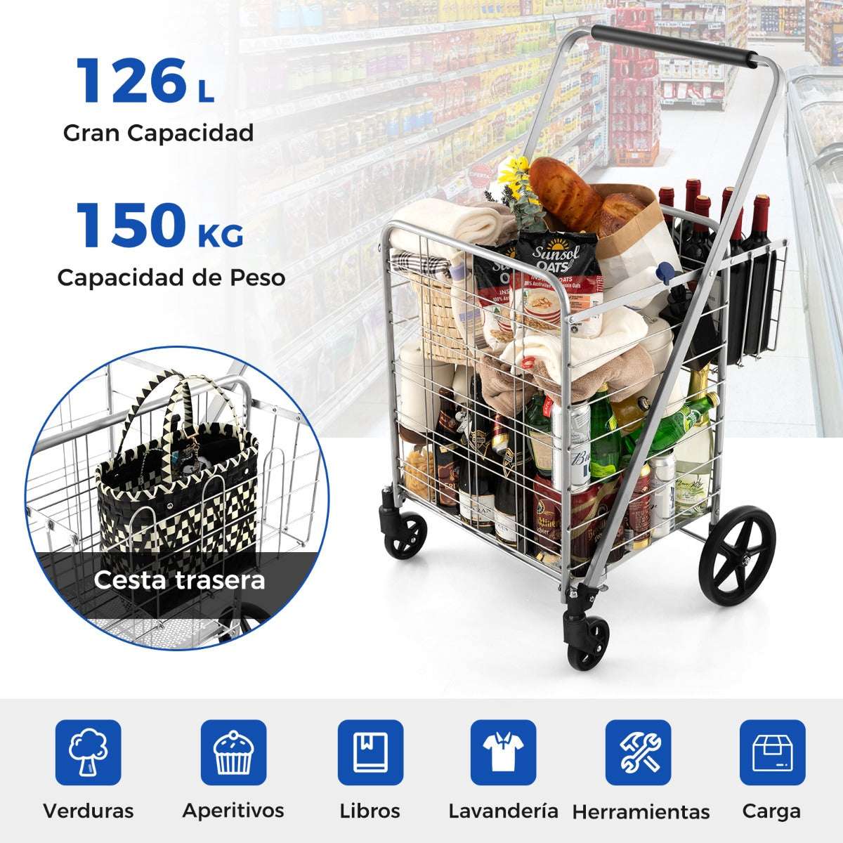 Carrito de Compras Plegable de Metal con Forro Impermeable Carro de Malla para Supermercado y Lavandería Soporta hasta 150 kg Plata