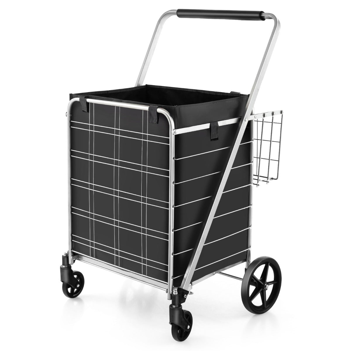 Carrito de Compras Plegable de Metal con Forro Impermeable Carro de Malla para Supermercado y Lavandería Soporta hasta 150 kg Plata