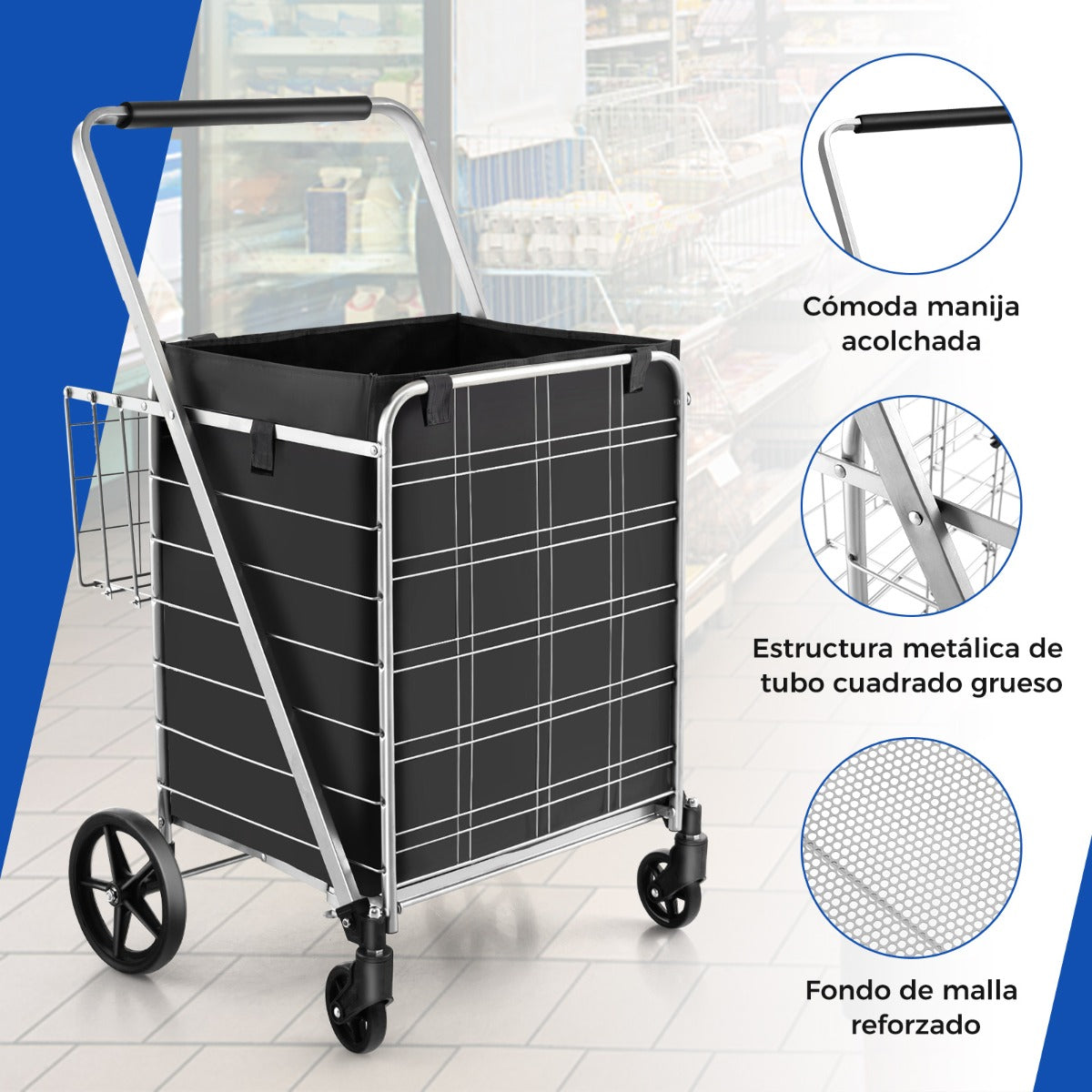 Carrito de Compras Plegable de Metal con Forro Impermeable Carro de Malla para Supermercado y Lavandería Soporta hasta 150 kg Plata