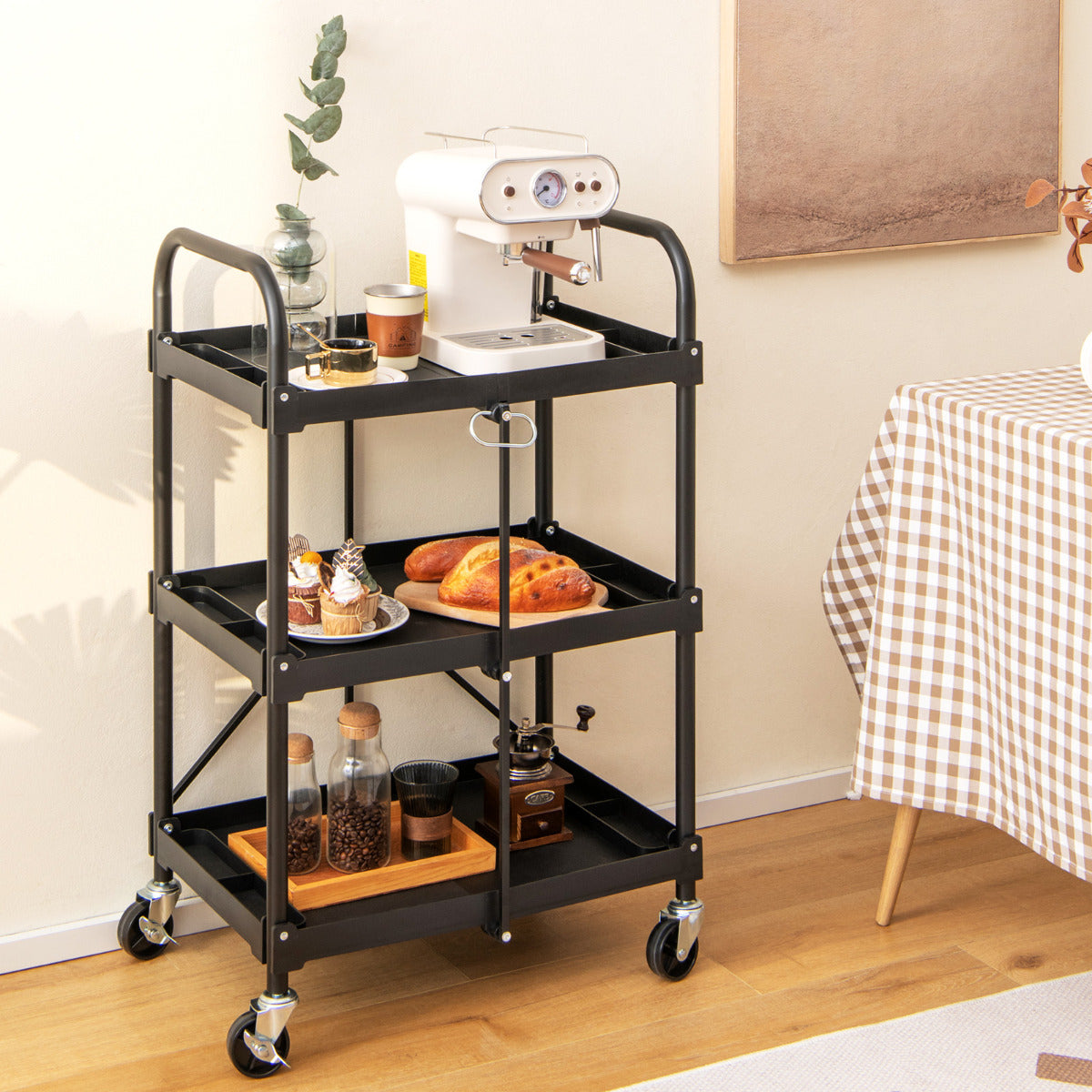Carrito de Herramientas Plegable de 3 Niveles con Ruedas y Pasamanos Organizador Rodante para Almacén Taller Garaje 61 x 44 x 96 cm Negro