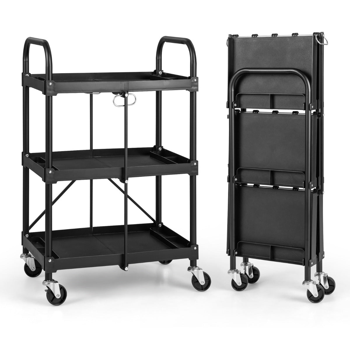 Carrito de Herramientas Plegable de 3 Niveles con Ruedas y Pasamanos Organizador Rodante para Almacén Taller Garaje 61 x 44 x 96 cm Negro