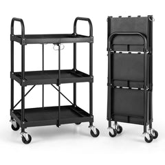 Carrito de Herramientas Plegable de 3 Niveles con Ruedas y Pasamanos Organizador Rodante para Almacén Taller Garaje 61 x 44 x 96 cm Negro