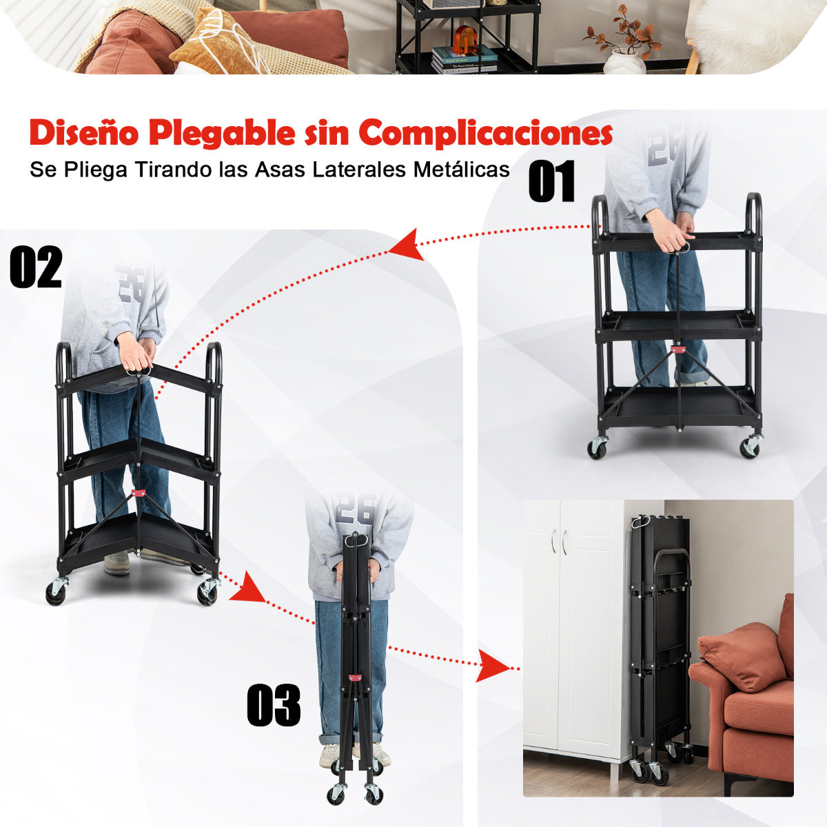 Carrito de Herramientas Plegable de 3 Niveles con Ruedas y Pasamanos Organizador Rodante para Almacén Taller Garaje 61 x 44 x 96 cm Negro