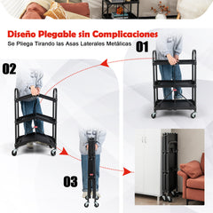Carrito de Herramientas Plegable de 3 Niveles con Ruedas y Pasamanos Organizador Rodante para Almacén Taller Garaje 61 x 44 x 96 cm Negro