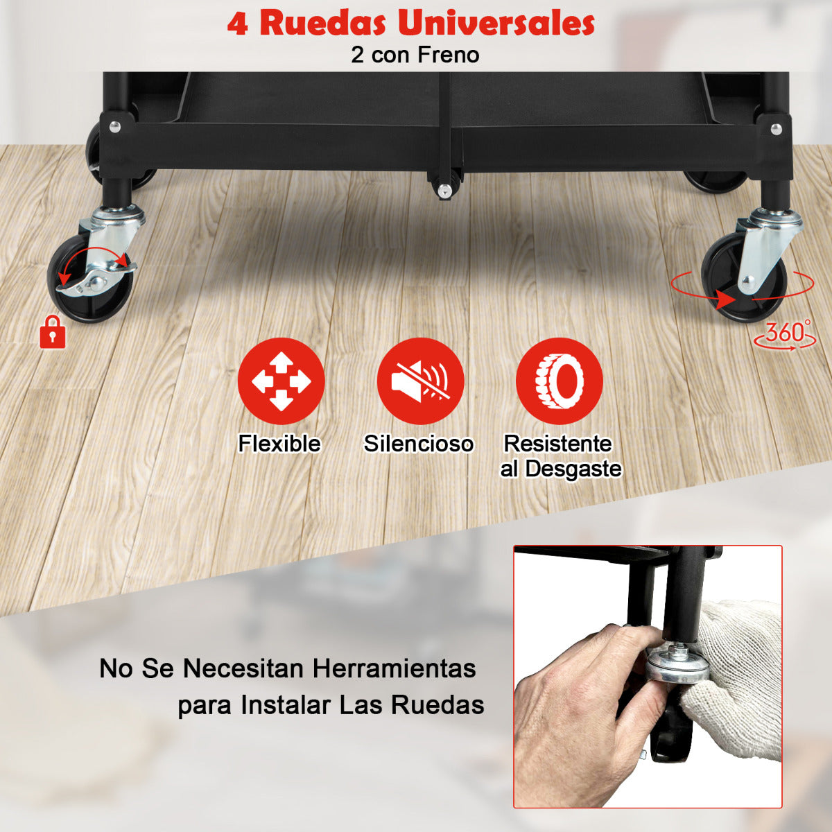 Carrito de Herramientas Plegable de 3 Niveles con Ruedas y Pasamanos Organizador Rodante para Almacén Taller Garaje 61 x 44 x 96 cm Negro